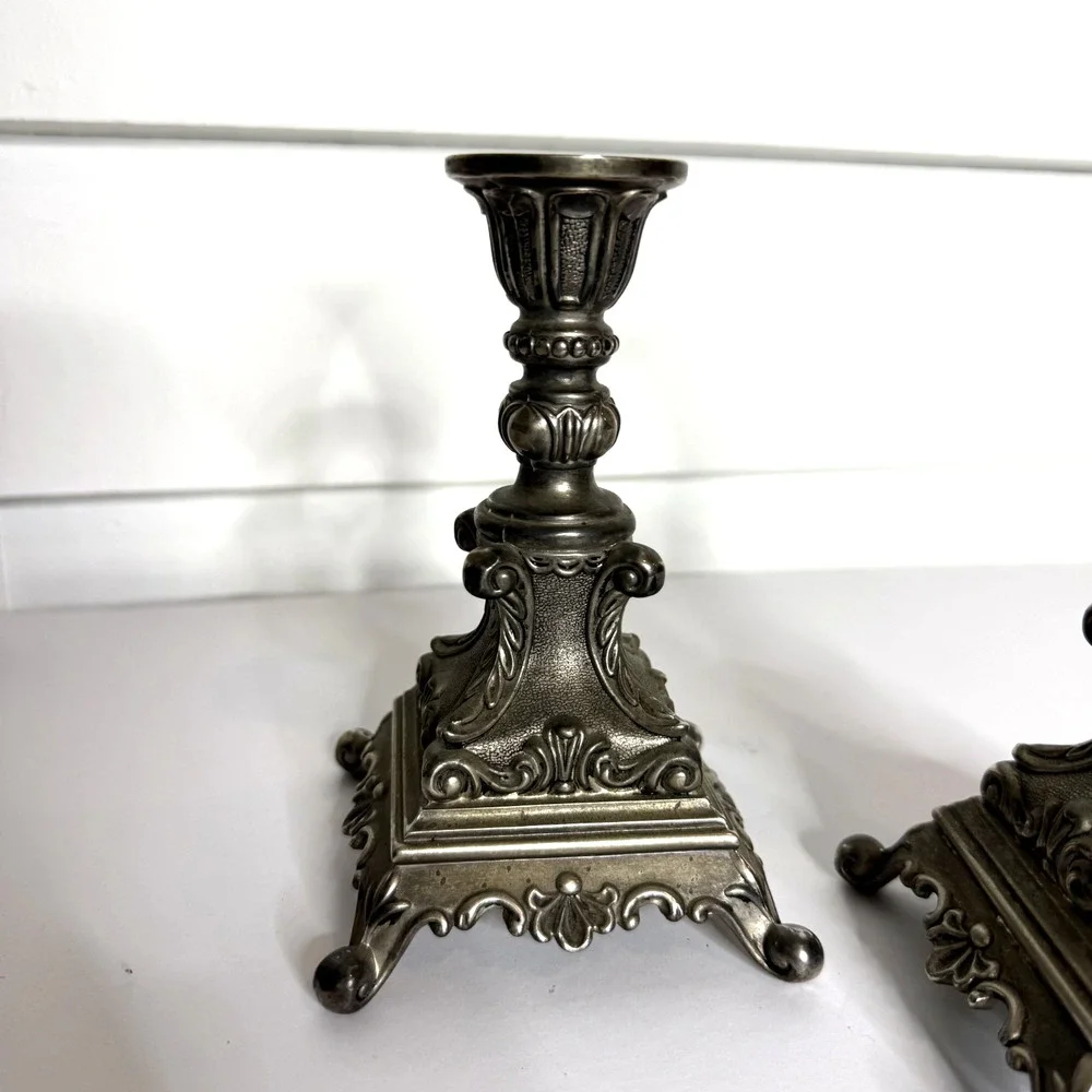 Pair of Antique Baroque Pewter Italian Rococo Italian Altar Candle Stick Holders